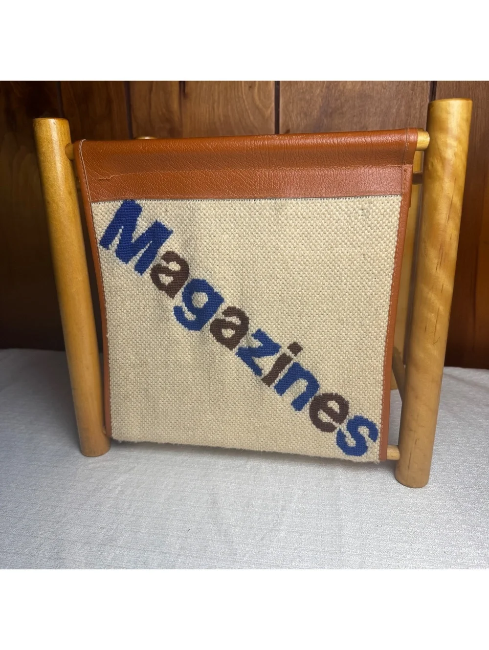 Vintage Wooden Magazine Rack Brown Leather Canvas Sling Holder Mid Century 13x12